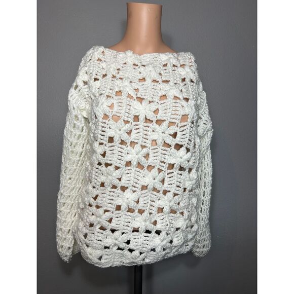 Handmade Crochet Floral Pattern Sweater Boho Open Knit White LongSleeve Pullover - Picture 4 of 5